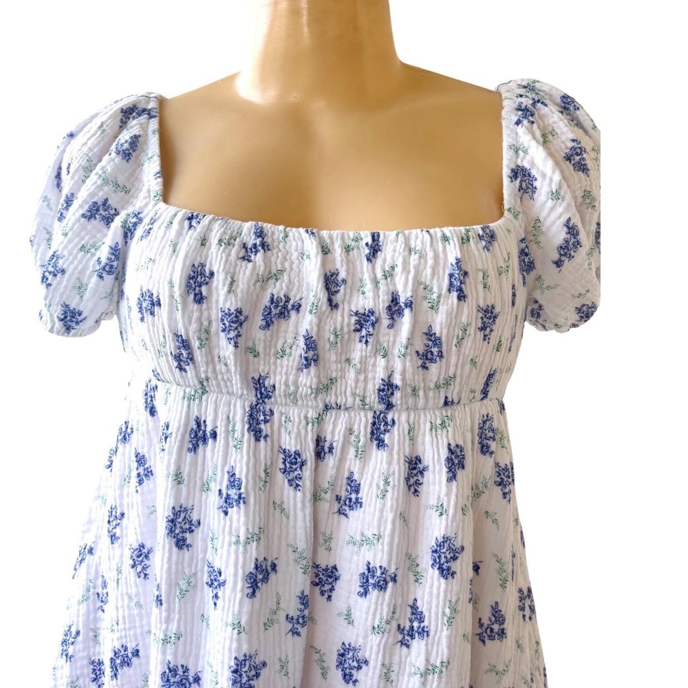 PRINCESS POLLY White Blue Floral Puff Sleeve Open Back Mini Dress Women's Sz XS - Picture 4 of 10